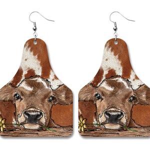 3For$20 Floral Cute Tan Cow Tag Retro Leather Earrings